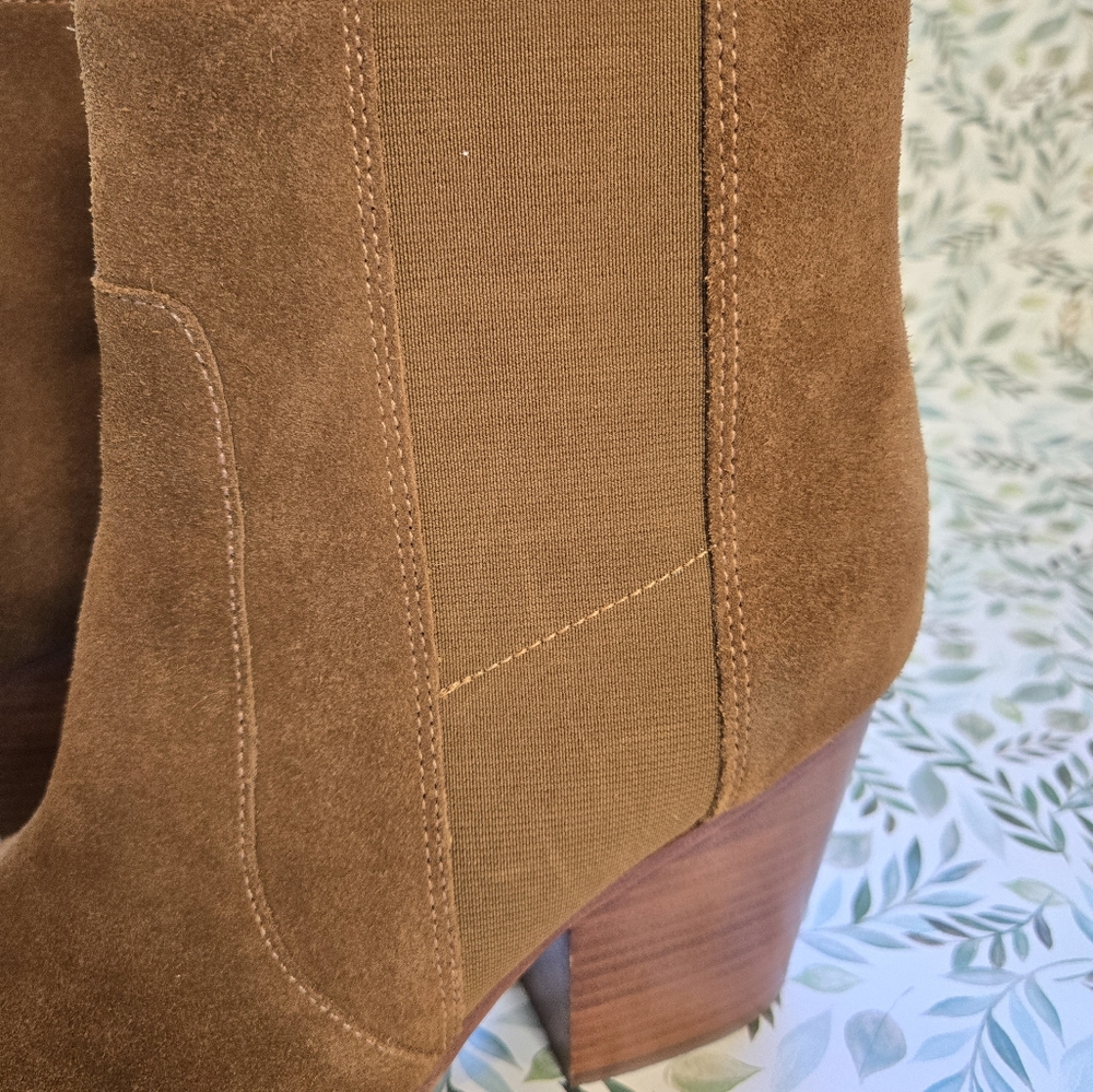 Soludos Emma Chesnut Suede Ankle Booties Tan Leather Block Heel Boots 9 - Picture 5 of 12